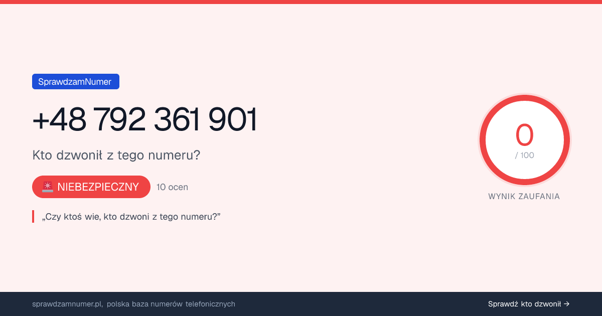 Wynik zaufania i opinie o numerze +48 792 361 901, werdykt: niebezpieczny