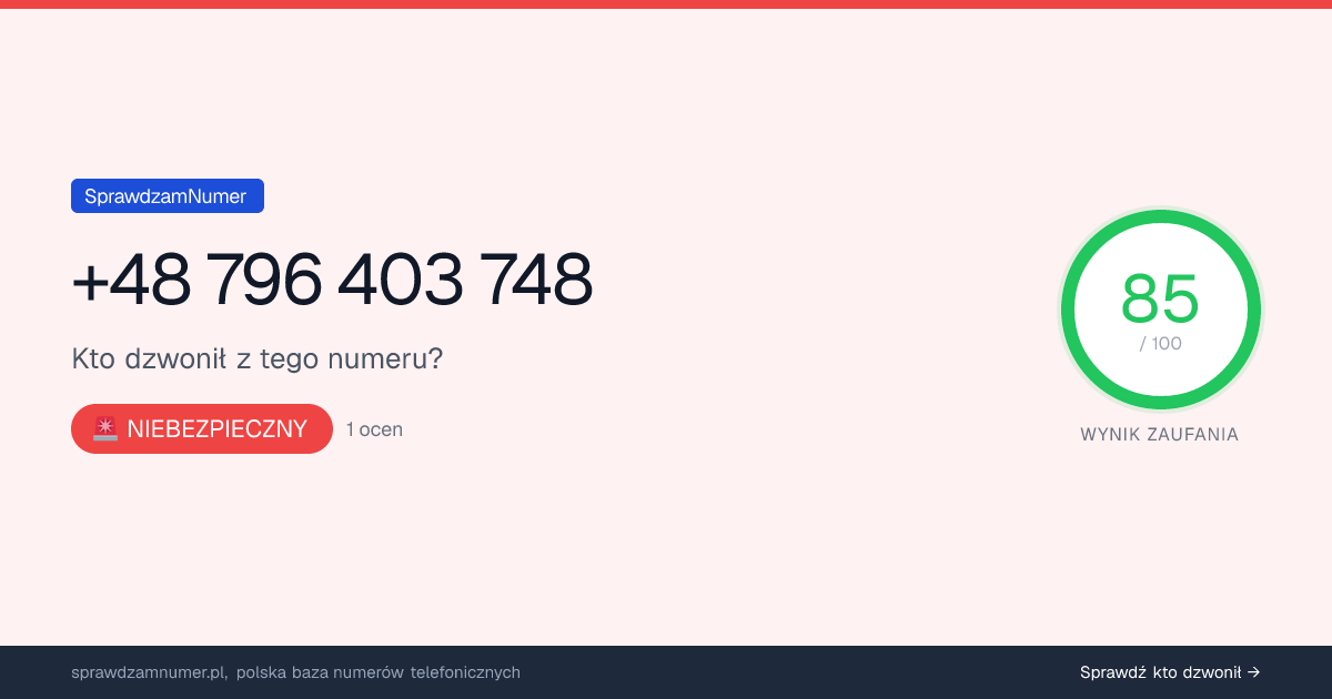 Wynik zaufania i opinie o numerze +48 796 403 748, werdykt: niebezpieczny