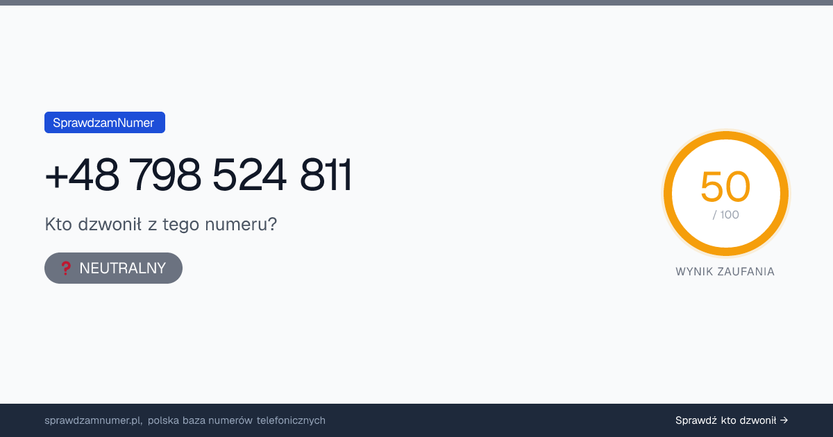 Wynik zaufania i opinie o numerze +48 798 524 811, werdykt: neutralny