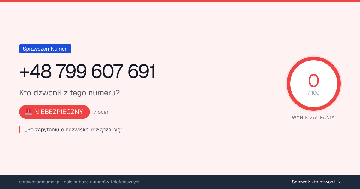 Wynik zaufania i opinie o numerze +48 799 607 691, werdykt: niebezpieczny