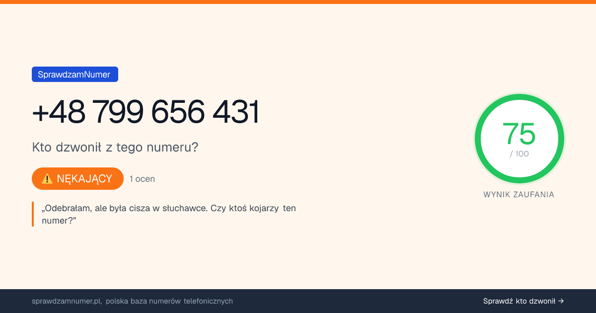 Wynik zaufania i opinie o numerze +48 799 656 431, werdykt: nękający