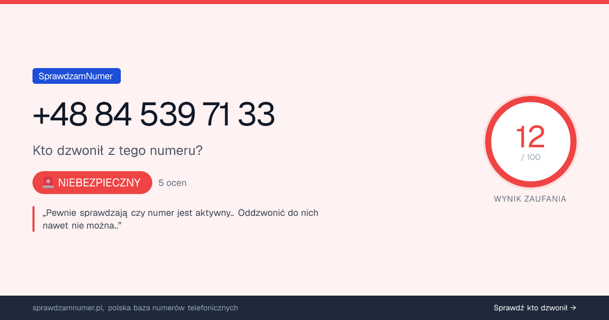 Wynik zaufania i opinie o numerze +48 84 539 71 33, werdykt: niebezpieczny