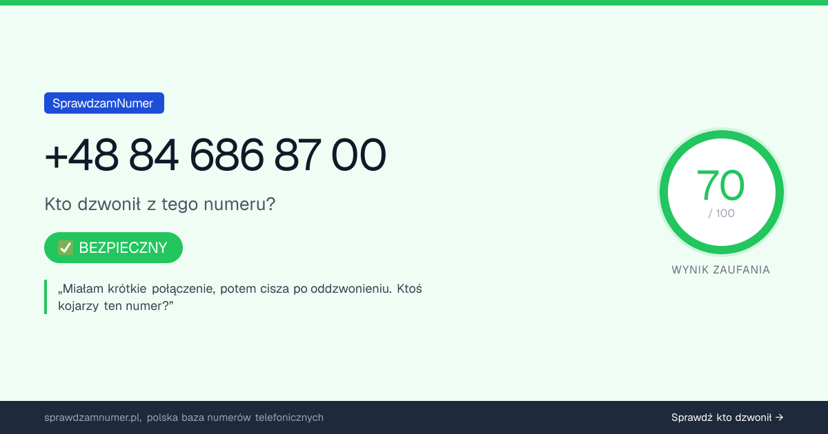 Wynik zaufania i opinie o numerze +48 846 868 700, werdykt: bezpieczny