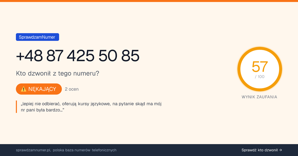 Wynik zaufania i opinie o numerze +48 87 425 50 85, werdykt: nękający