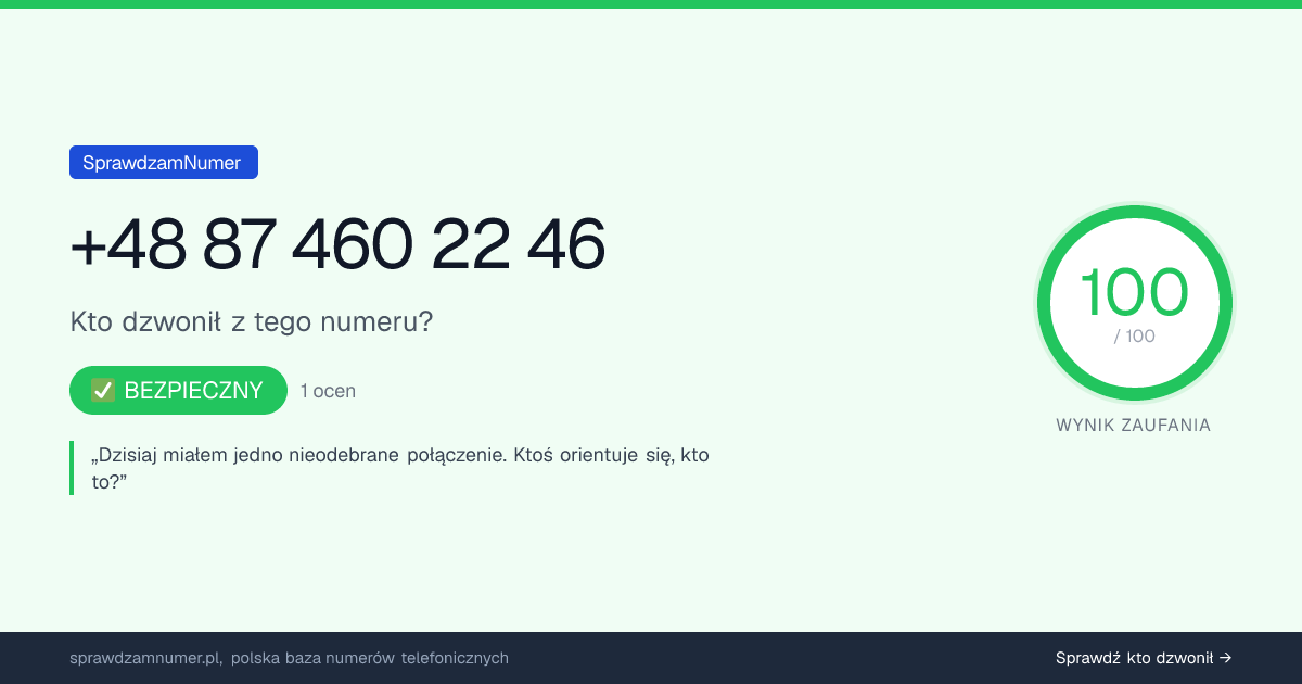Wynik zaufania i opinie o numerze +48 87 460 22 46, werdykt: bezpieczny