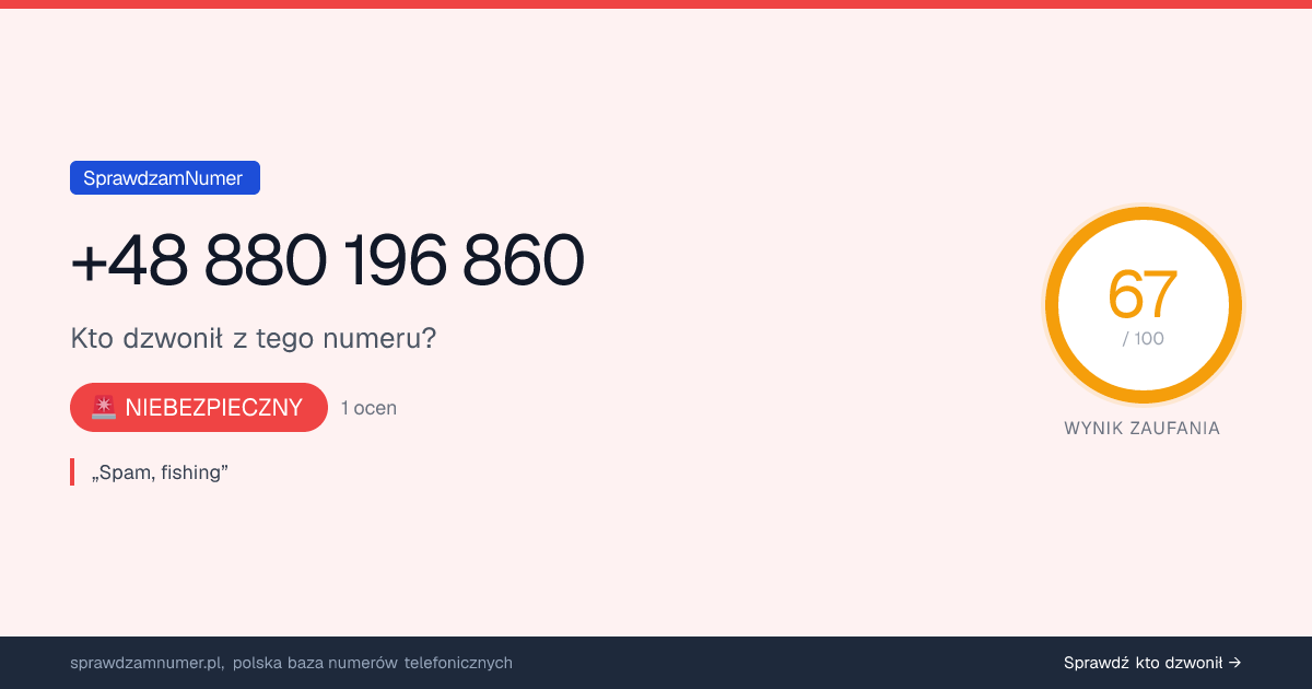 Wynik zaufania i opinie o numerze +48 880 196 860, werdykt: niebezpieczny
