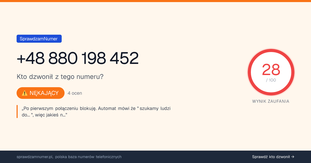 Wynik zaufania i opinie o numerze +48 880 198 452, werdykt: nękający