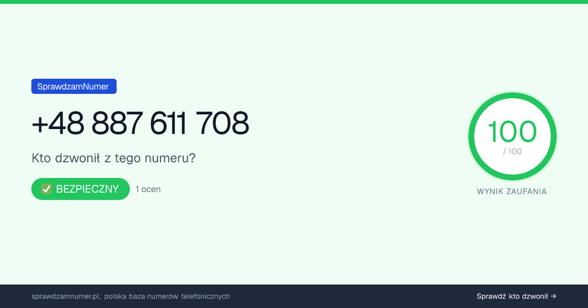 Wynik zaufania i opinie o numerze +48 887 611 708, werdykt: bezpieczny