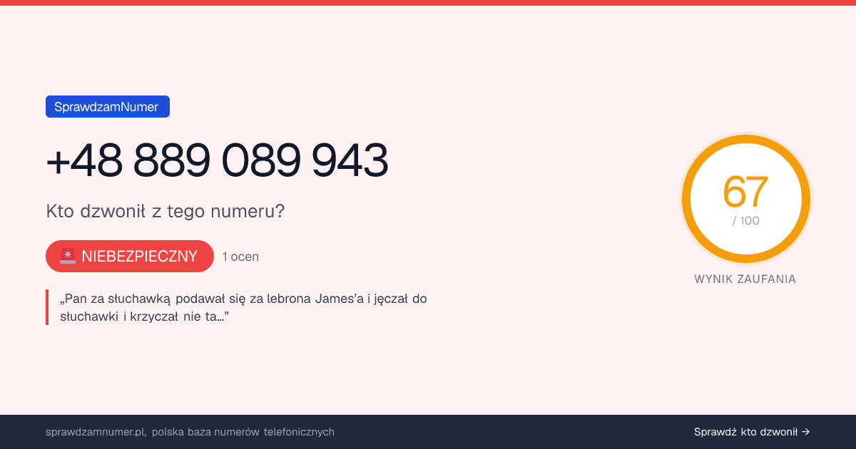 Wynik zaufania i opinie o numerze +48 889 089 943, werdykt: niebezpieczny