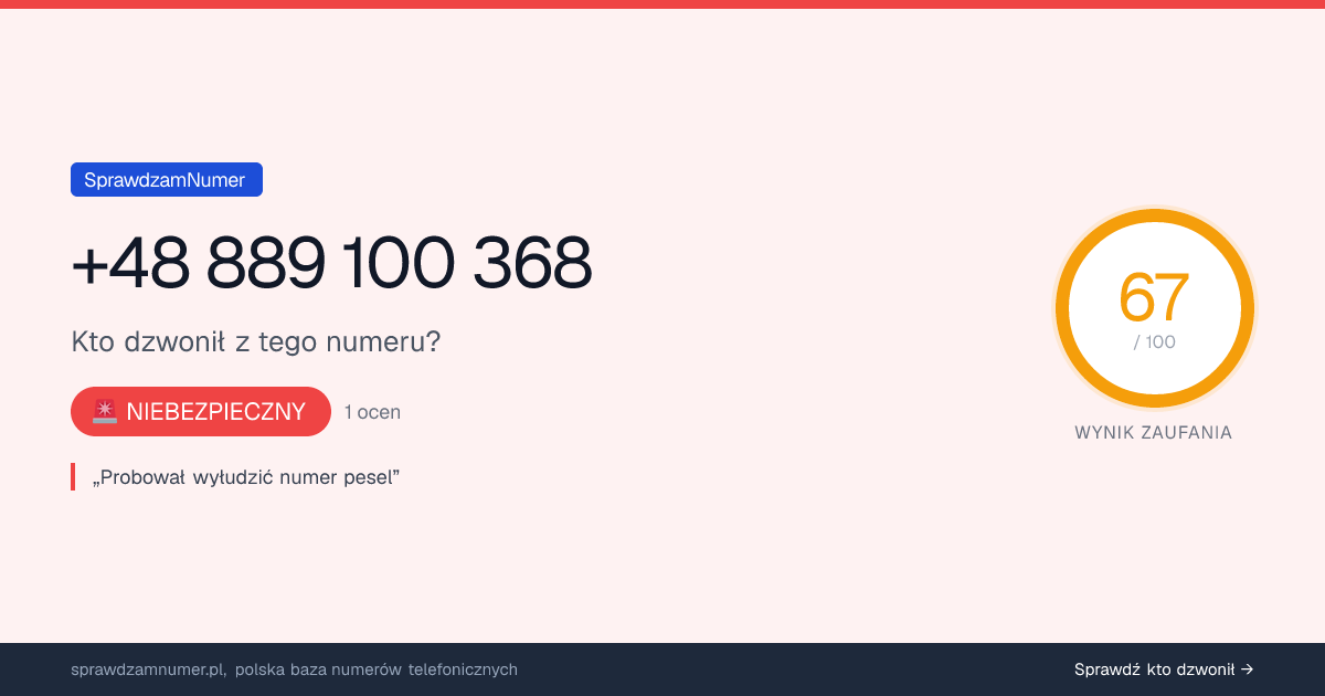 Wynik zaufania i opinie o numerze +48 889 100 368, werdykt: niebezpieczny