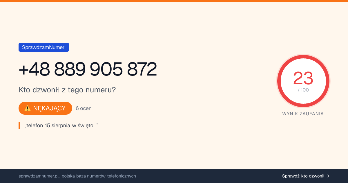 Wynik zaufania i opinie o numerze +48 889 905 872, werdykt: nękający