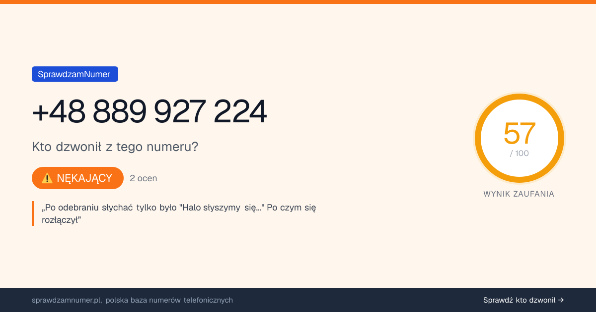 Wynik zaufania i opinie o numerze +48 889 927 224, werdykt: nękający