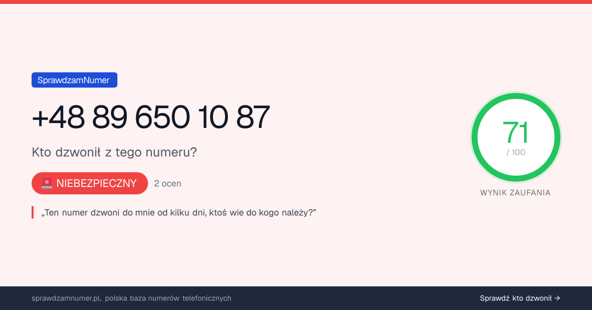 Wynik zaufania i opinie o numerze +48 89 650 10 87, werdykt: niebezpieczny