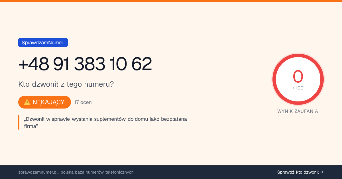 Wynik zaufania i opinie o numerze +48 91 383 10 62, werdykt: nękający