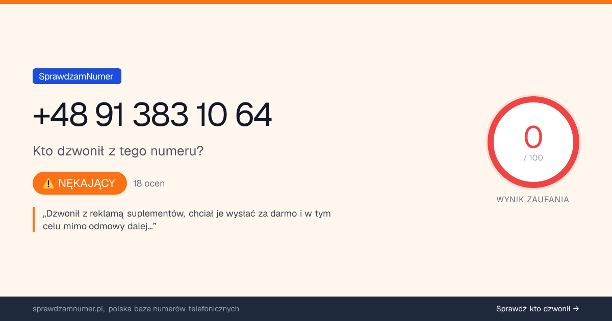 Wynik zaufania i opinie o numerze +48 91 383 10 64, werdykt: nękający