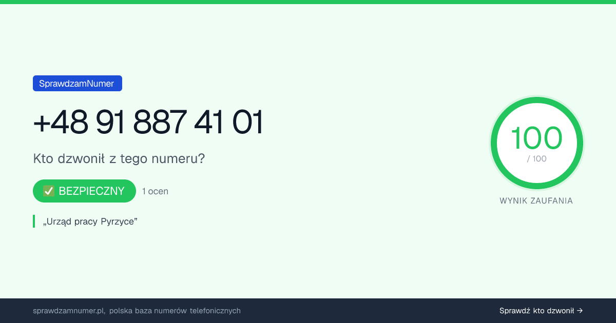 Wynik zaufania i opinie o numerze +48 91 887 41 01, werdykt: bezpieczny