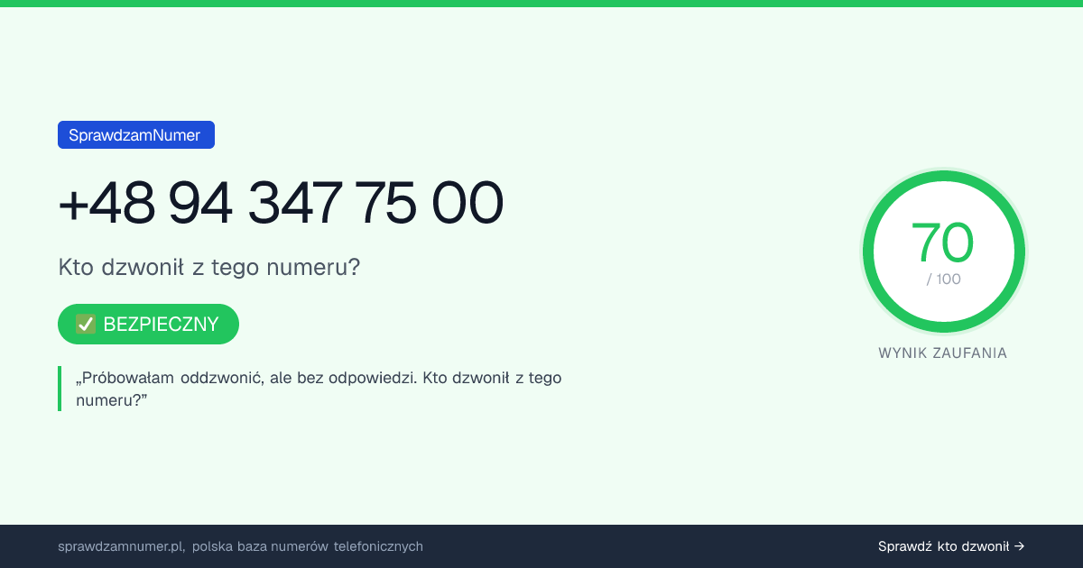 Wynik zaufania i opinie o numerze +48 94 347 75 00, werdykt: bezpieczny