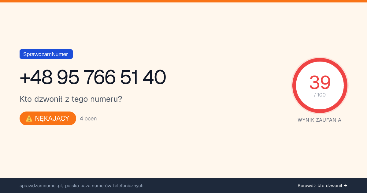 Wynik zaufania i opinie o numerze +48 95 766 51 40, werdykt: nękający